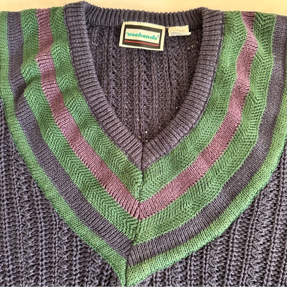 Vintage Weekends Navy Sweater XL V-Neck Striped Trim Ramie Cotton Preppy Retro - Picture 5 of 7